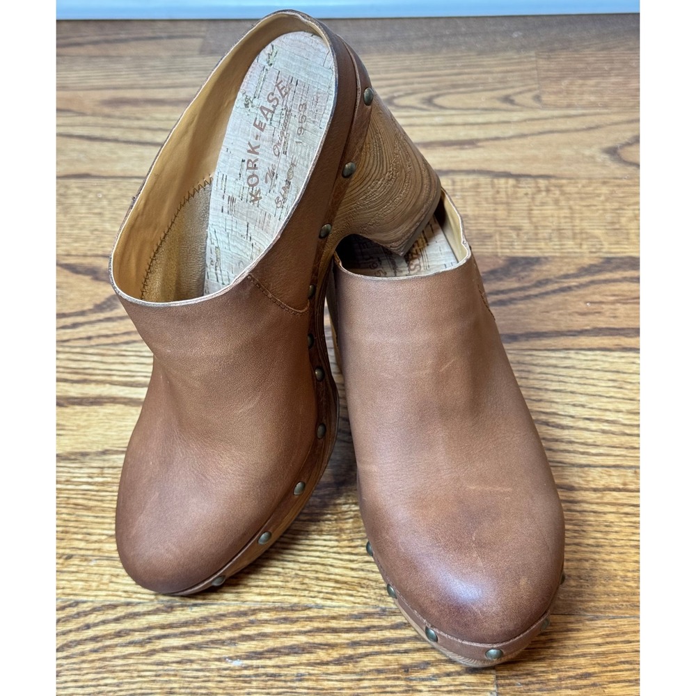 Kork-Ease Brown Leather Studded Clog Mules Wood Block Heel Size 8 Y2K Boho 70's